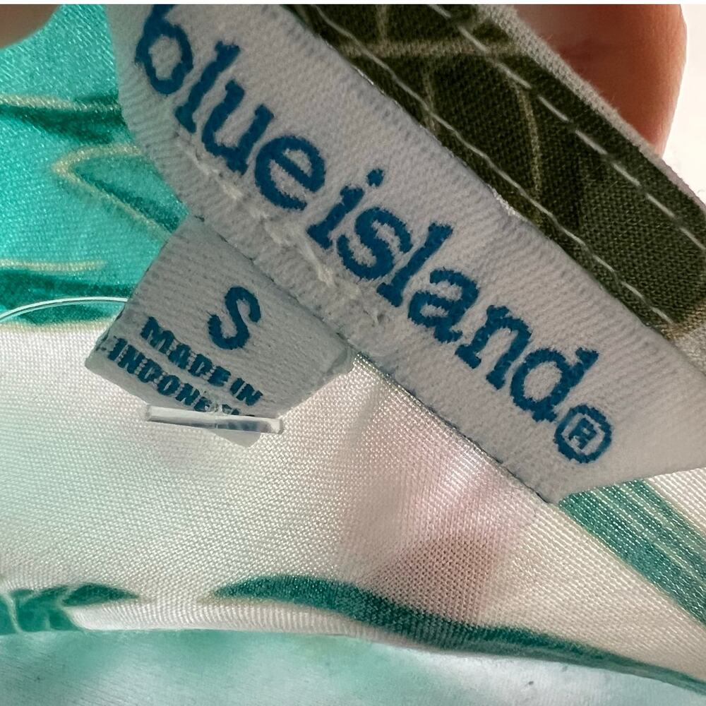 Blue Island Mini Dress SMALL Floral Tropical Plunge Hawaiian Bell Sleeve Resort - Picture 9 of 9